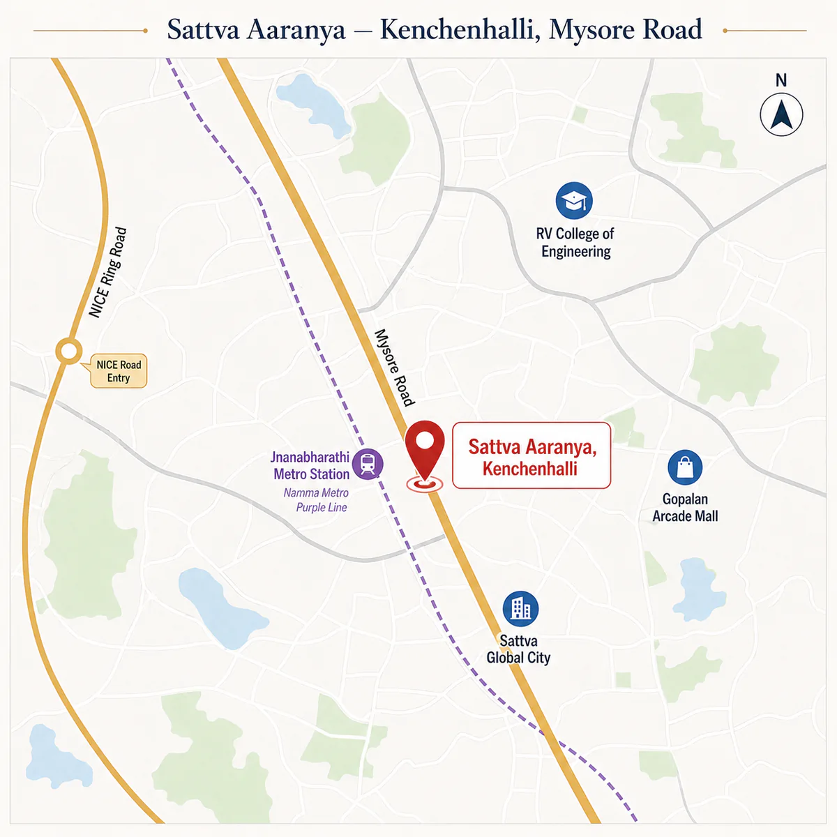 Sattva Aaranya location map at Kenchenhalli, Mysore Road, Bengaluru Sattva Aaranya location map at Kenchenhalli, Mysore Road, Bengaluru